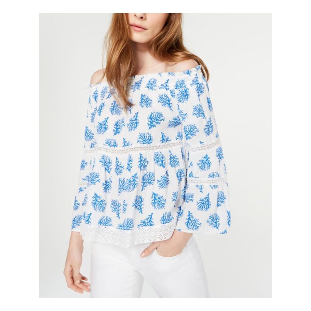 MICHAEL KORS Womens White Printed Long Sleeve Off Shoulder Top Size: XXS